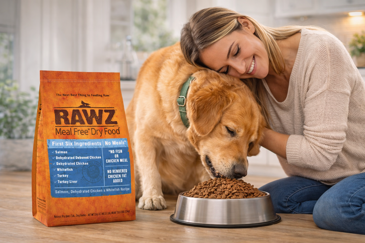RAWZ Meal-Free Salmon, Dehydrated Chicken & Whitefish Dog Food Recipe.