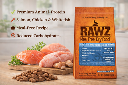 RAWZ Meal-Free Salmon, Dehydrated Chicken & Whitefish Dog Food Recipe.