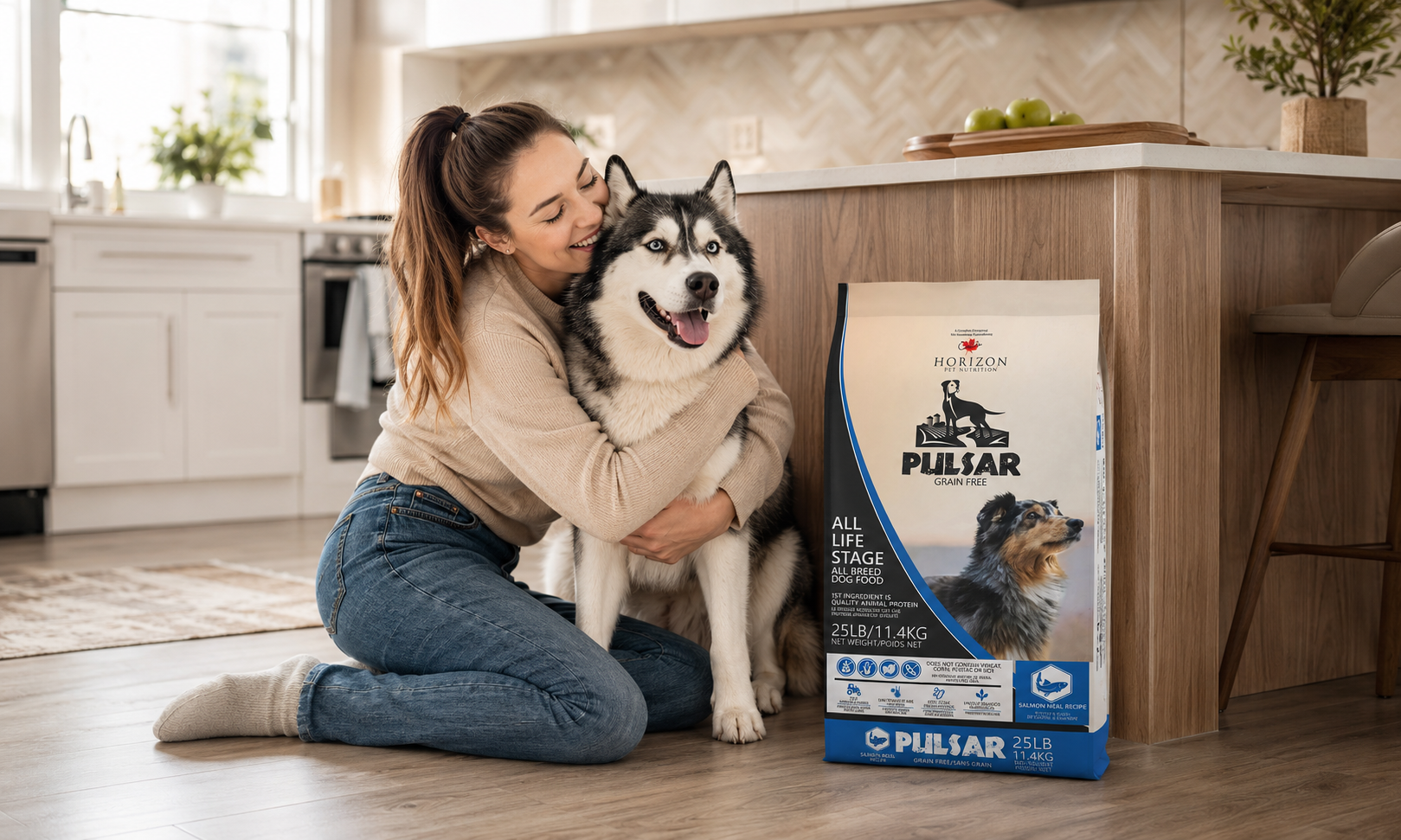 Woman hugging a dog next to a bag of Pulsar dog food in a kitchen.