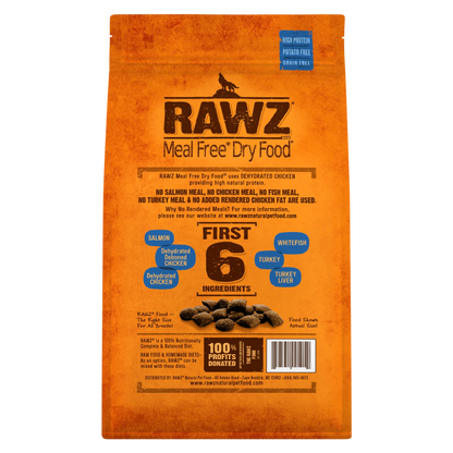 RAWZ Meal-Free Salmon, Dehydrated Chicken & Whitefish Dog Food Recipe.