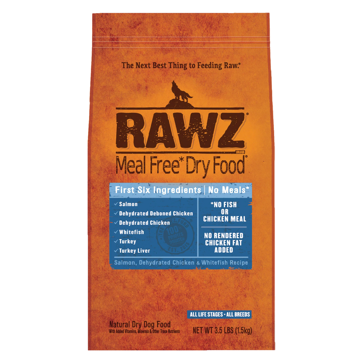 RAWZ Meal-Free Salmon, Dehydrated Chicken & Whitefish Dog Food Recipe.