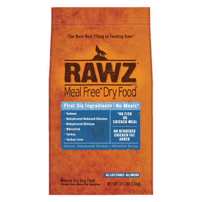 RAWZ Meal-Free Salmon, Dehydrated Chicken & Whitefish Dog Food Recipe.