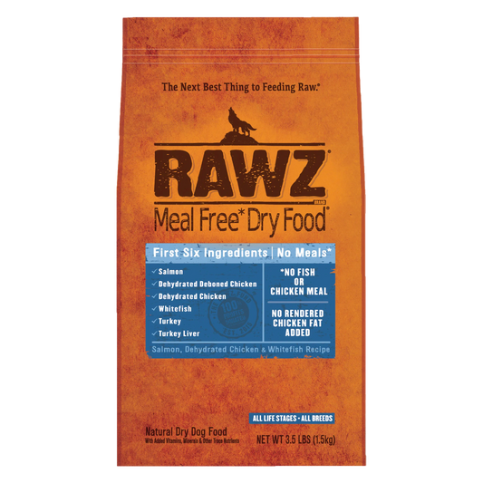RAWZ Meal-Free Salmon, Dehydrated Chicken & Whitefish Dog Food Recipe.